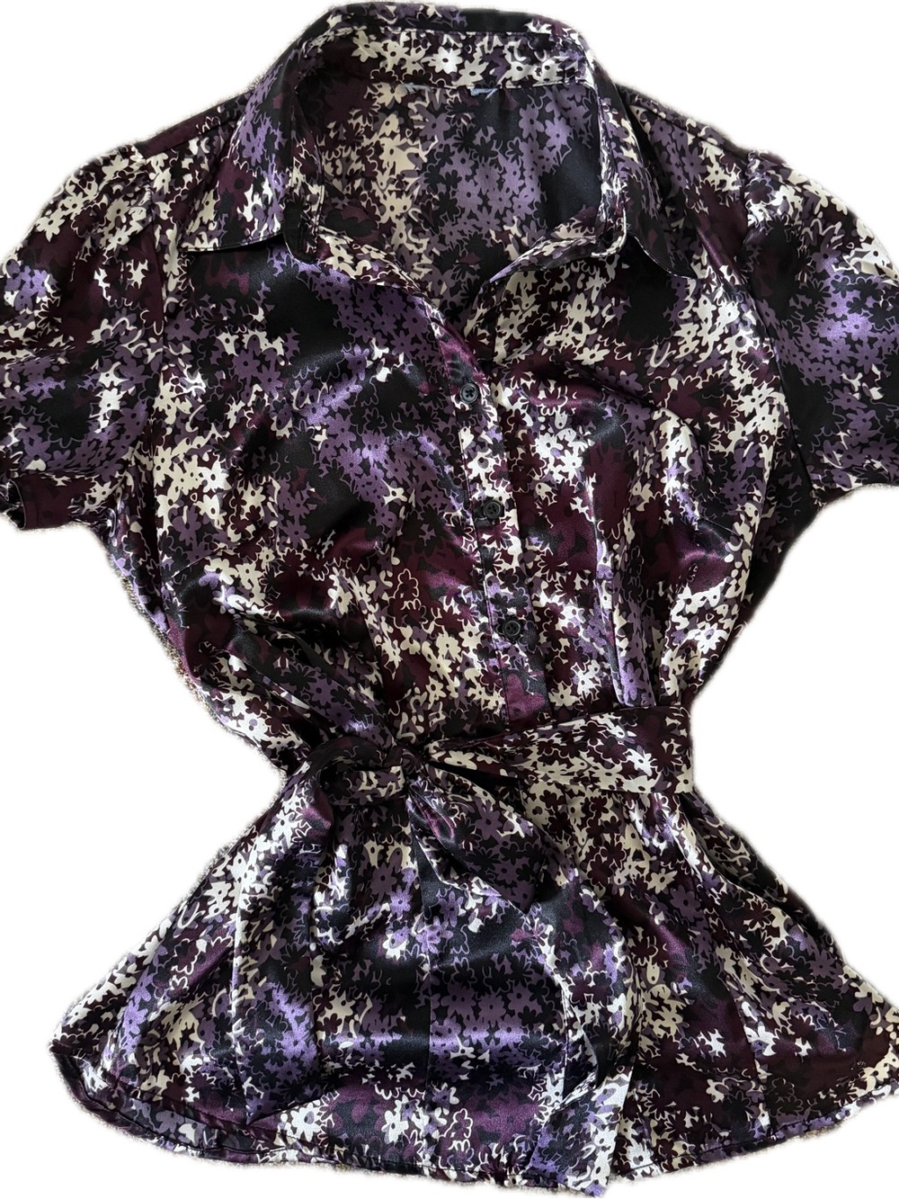 Y2K Purple Floral Button-Up Top with Tie Waist